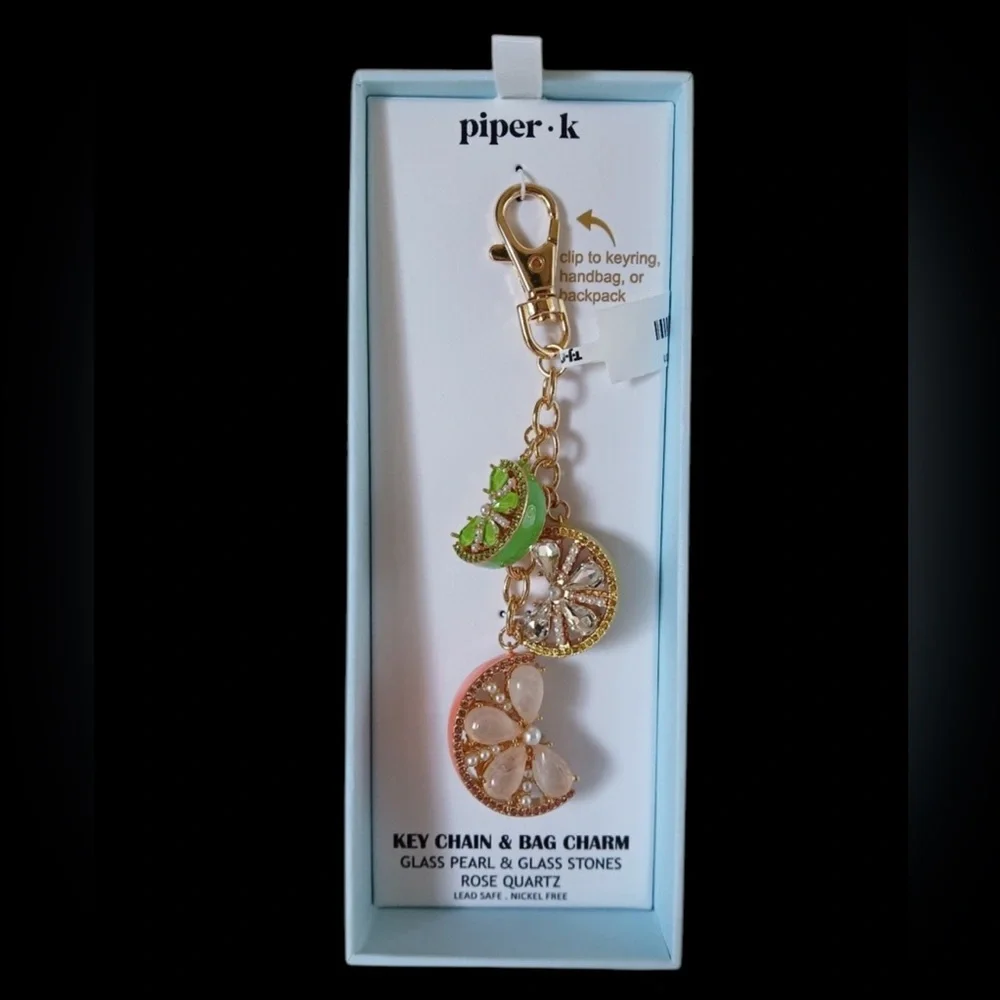 PIPER K Glass Pearls & Rose Quartz Citrus Slice Keychain Bag Purse Charm NEW NWT